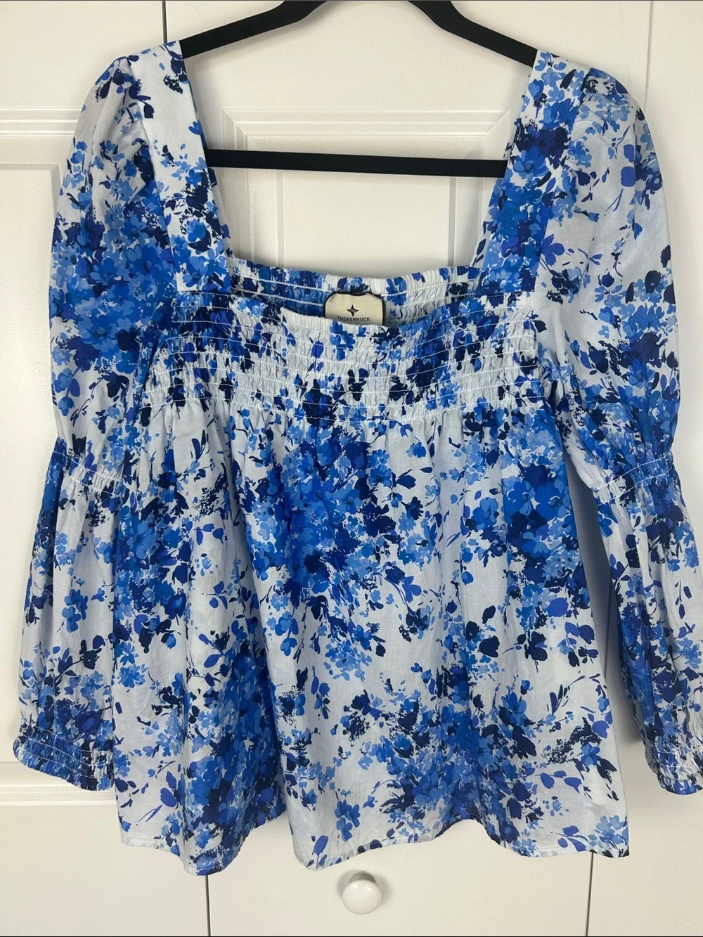 Tuckernuck Cotton Blue Floral Square-Neck Puff Sleeve Top Size Large